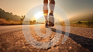 Athlete runner feet running on road towards a morning sunlight. Keep moving towards the goal. Being determined. Work out and