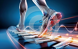 Athlete runner feet running on treadmill closeup on shoe. Abstract runners background