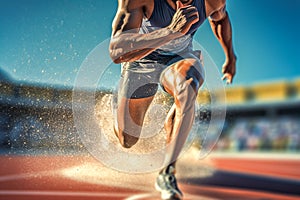 Athlete runner feet running on a treadmill in a stadium. Close-up of a man running a sprint for a short distance. Generative AI