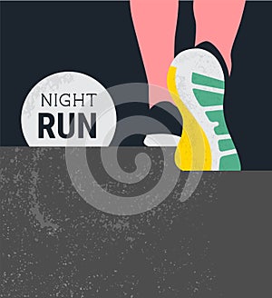 Athlete runner feet running or walking on road . running poster template. closeup illustration vector. nigth run