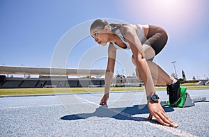 Athlete, runner and race for a woman running a marathon at a sports track or stadium for exercise, training and sport