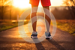 Athlete runner training run on the road. Morning jogging for healthy lifestyle under sunrise sky. Cardio exercise. Runner training