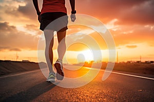 Athlete runner training run on the road. Morning jogging for healthy lifestyle under sunrise sky. Cardio exercise. Runner training