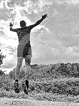 Athlete running and jumping on the trail for running. City park outdoor