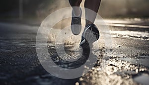 Athlete running in wet nature, determined for sports race generative AI