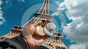 The athlete& x27;s hand holds gold, silver and bronze medals, against background of Eiffel Tower, Summer Olympics in