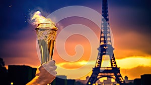 An athlete's hand holds lit torch in front of Eiffel Tower at sunset, evoking inspiration and victory. Olympics in