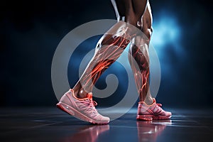 athlete\'s legs showing blood vessels through x-ray. muscle lesions and blood vessels. ai generated