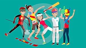 Athlete Set Vector. Man, Woman. Skiing, Athletics, Tennis, Baseball, Fan. Group Of Sports People In Uniform, Apparel