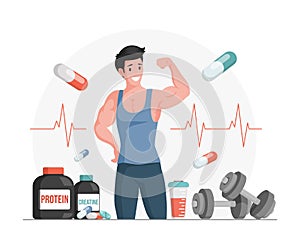 Athlete showing muscles vector cartoon illustration. Bottles and shaker with protein and creatine.