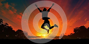 Athlete silhouette jumping happily at sunset with sun