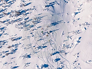 Athlete snowboarder rides off-piste clean snow snowboard, untouched in forest on slope. Aerial top view