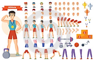 Athlete sportsman vector cartoon constructor of man character body parts and training poses isolated icons