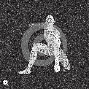 .Athlete at starting position ready to start a race. Runner ready for sports exercise. Black and white grainy dotwork design.