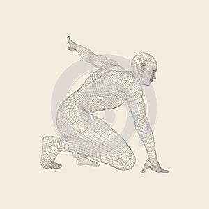 Athlete at Starting Position Ready to Start a Race. Runner Ready for Sports Exercise. Human Body Wire Model. Sport Symbol. 3d