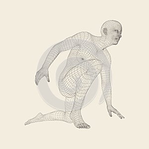 Athlete at Starting Position Ready to Start a Race. Runner Ready for Sports Exercise. Human Body Wire Model. Sport Symbol. 3d