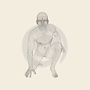 Athlete at Starting Position Ready to Start a Race. Runner Ready for Sports Exercise. Human Body Wire Model. Sport Symbol. 3d