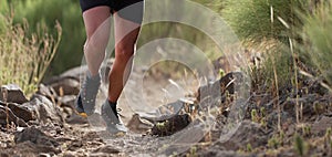 Athlete trail running in the mountains on rocky terrain