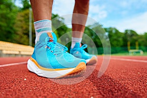 Athlete Wearing Bright Blue Running Shoes on Red Stadium Track During Training