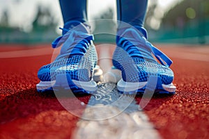 Athlete Wearing Bright Blue Running Shoes on Red Stadium Track During Training