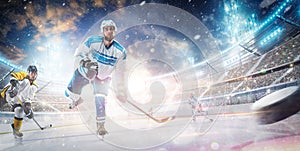 Athlete in Winter Stadium. Professional hockey player on action. Decisive throw of the puck. Sports emotions. Sport