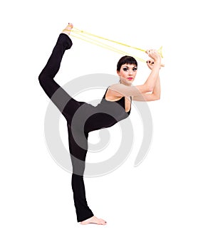 Athlete woman doing stretching with skipping rope