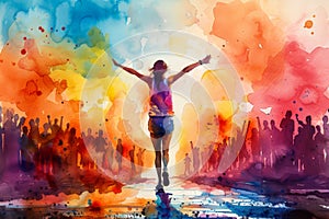 An athlete, woman, runner, arrives at a finish line and raises hands in celebration. Concepts of success, win, and