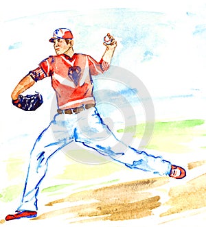 Athletes baseball player pitcher throwing the ball on field