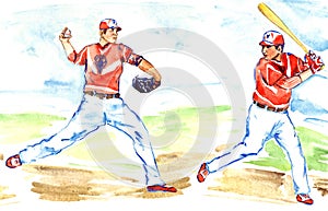 Athletes baseball players: one throwing the ball pitcher and another preparing to hit with bat