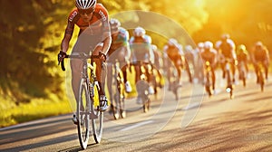 Athletes cyclists in motion, racing along highway, along a forest. Cyclist race competition, Olympics in Paris 2024