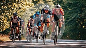 Athletes cyclists in motion, racing along highway, along a forest. Cyclist race competition, Olympics in Paris 2024