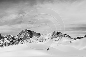 Athletes doing backcountry ski with a landscape of snowy mountains on a sunny day. Black and white