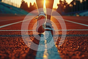 Athletes feet in running shoes on stadium starting line, poised