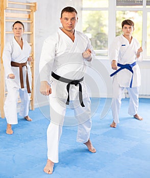 Athletes have starting position and repeating sequence of punches and painful techniques in kata