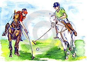 Athletes on horseback playing polo in the sunny summer day