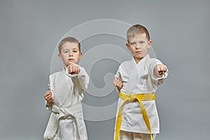 Athletes make a punch arm on a gray background