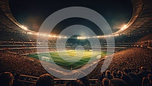 Athletes playing soccer under bright stadium lighting generated by AI