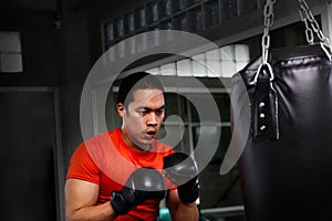 Athletes are punching in the gym. Male action of a boxing fighter training on a punching bag in the gym. Man boxer training is ex