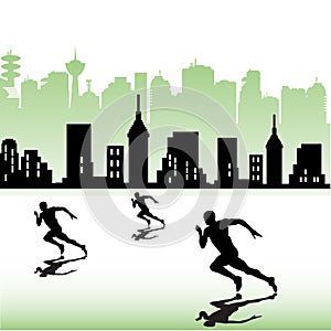 Athletes running near a city