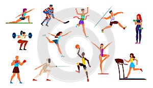 Athletes set. Gymnast and runner, boxer and figure skater, basketball player and hockey player. Fitness, cartoon vector