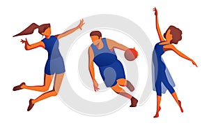 Athletes. Volleyball player in dynamic movement, a male basketball player with a ball, and a gymnast. Figures of