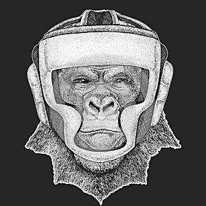 Athletic animal Gorilla, monkey, ape Boxing champion. Print for t-shirt, emblem, logo. Martial arts. Vector illustration