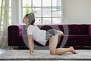 Athletic Asian woman practice yoga Cat Cow pose to meditation at home