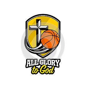 Athletic Christian logo. A golden shield, a cross of Jesus and a flying basketball. Emblem for competition, ministry, conference