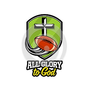 Athletic Christian logo. The golden shield, the cross of Jesus and the flying rugby ball. Emblem for competition, ministry