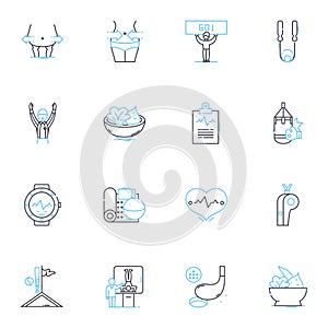 Athletic club linear icons set. Fitness, Workouts, Strength, Endurance, Conditioning, Running, Swimming line vector and