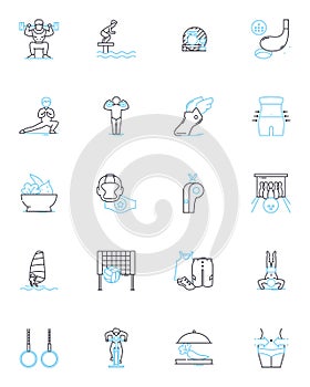 Athletic club linear icons set. Fitness, Workouts, Strength, Endurance, Conditioning, Running, Swimming line vector and