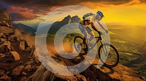 An athletic cyclist energetically riding on a rough mountain path during a breathtaking sunset.