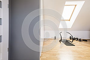Athletic equipment on wooden floor in home gym interior in the a