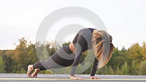 Athletic fit woman is working out on mat on fresh air